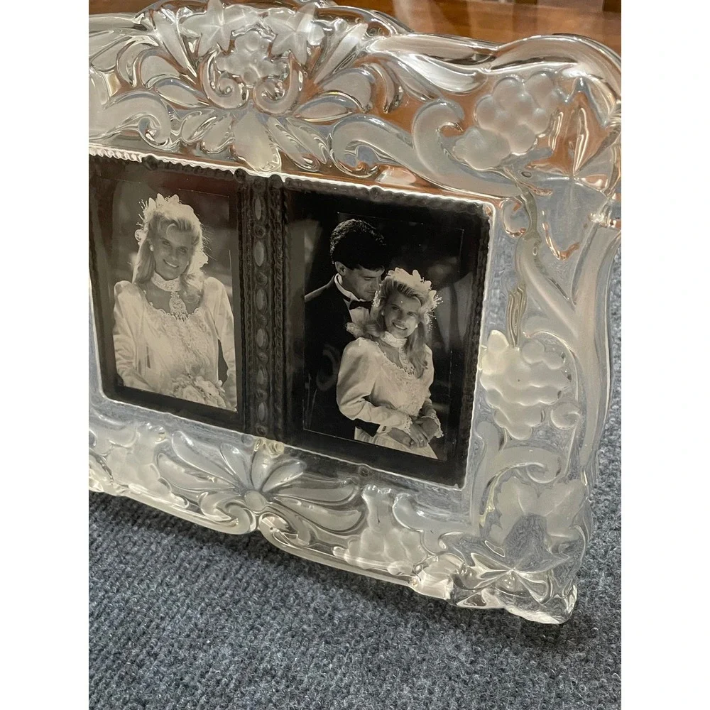 Vintage Frosted Glass Double Picture Frame Grape Vine Relief Tabletop Ornate
